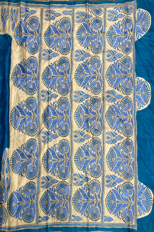 Blue Tussar Embroidery Saree With Kantha Work Border, With Unstitched Blouse