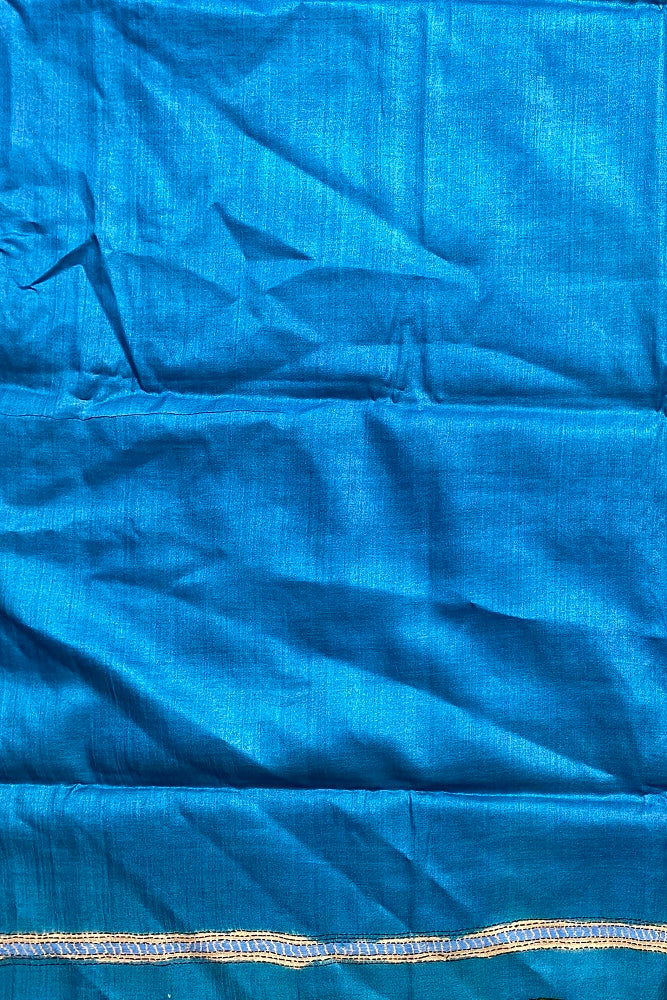Blue Tussar Embroidery Saree With Kantha Work Border, With Unstitched Blouse