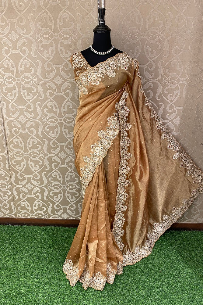 Pastel Orange Tissue Banarasi Embroidery Saree, With Unstiched Blouse