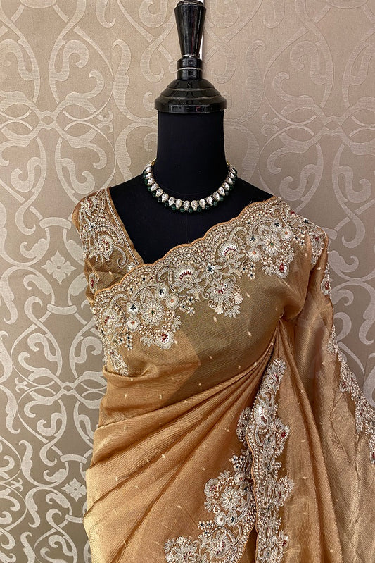 Pastel Orange Tissue Banarasi Embroidery Saree, With Unstiched Blouse