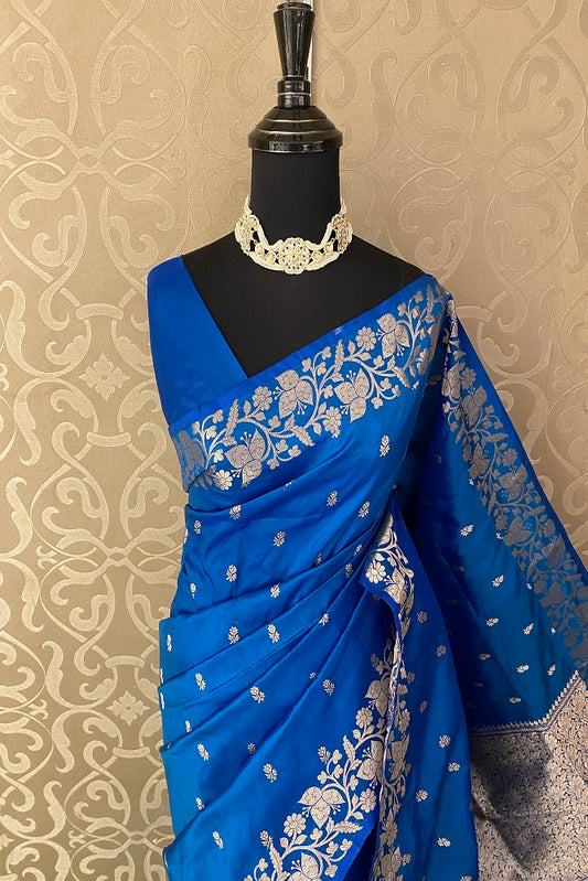 Peacock Blue Katan Silk Banarasi Hand Weaving Saree With Blouse