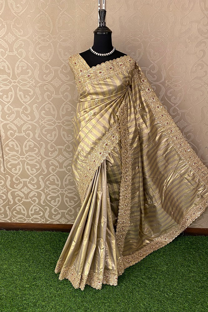 Green & Silver Tissue Banarasi Embroidery Saree, With Unstiched Blouse