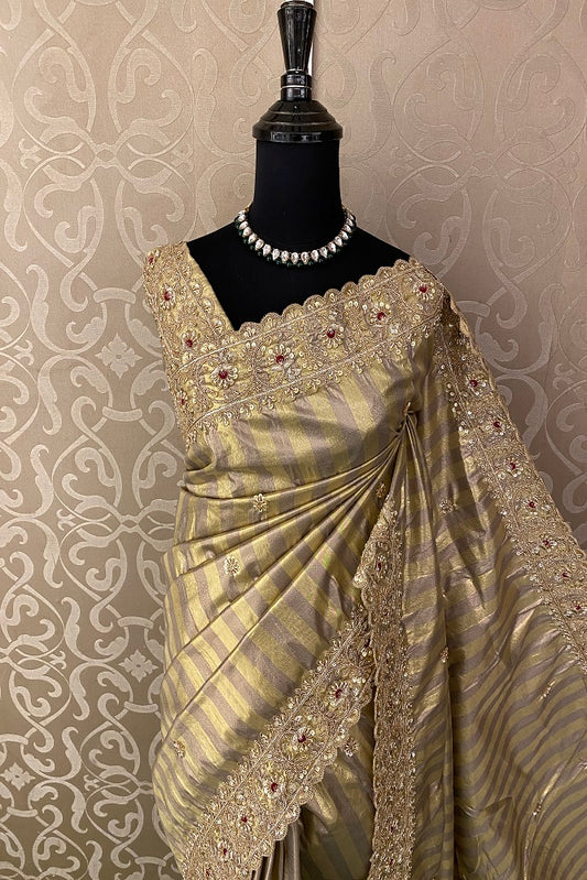 Green & Silver Tissue Banarasi Embroidery Saree, With Unstiched Blouse