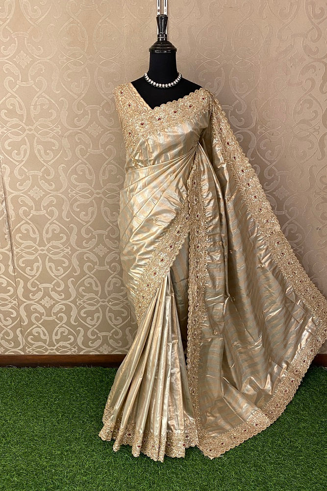 Golden & Silver Tissue Banarasi Embroidery Saree, With Unstiched Blouse