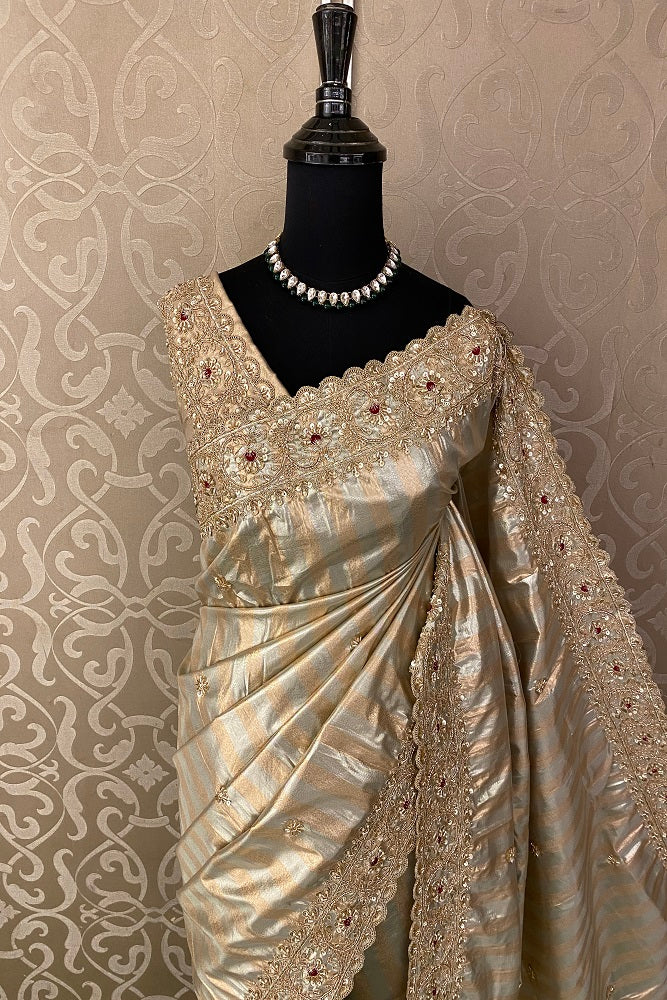 Golden & Silver Tissue Banarasi Embroidery Saree, With Unstiched Blouse