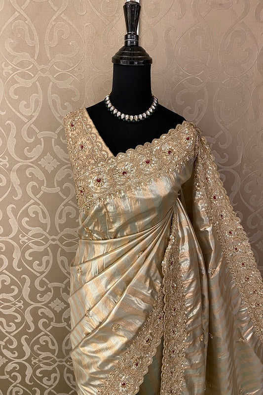 Golden & Silver Tissue Banarasi Embroidery Saree, With Unstiched Blouse