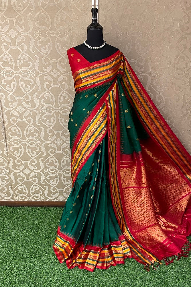Forest Green Gadwal Silk Saree With Unstiched Contrast Blouse