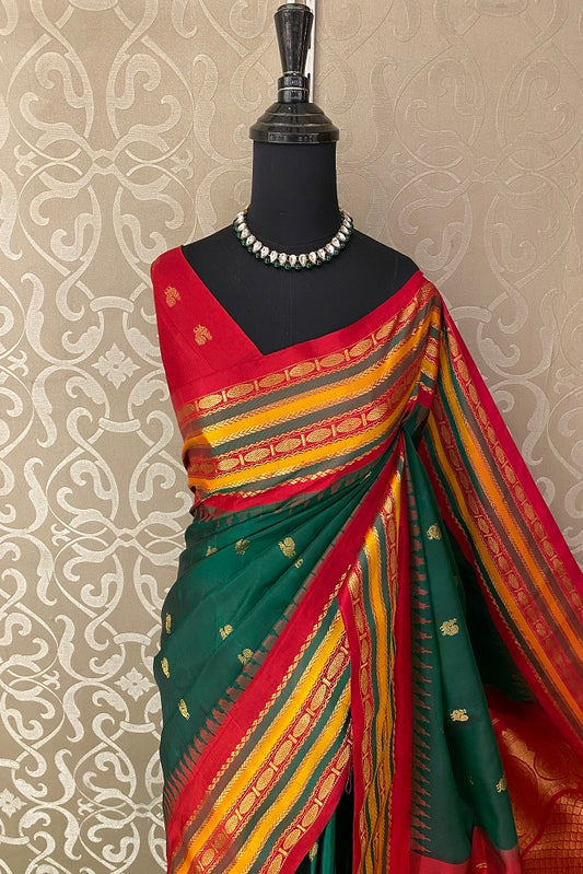 Forest Green Gadwal Silk Saree With Unstiched Contrast Blouse