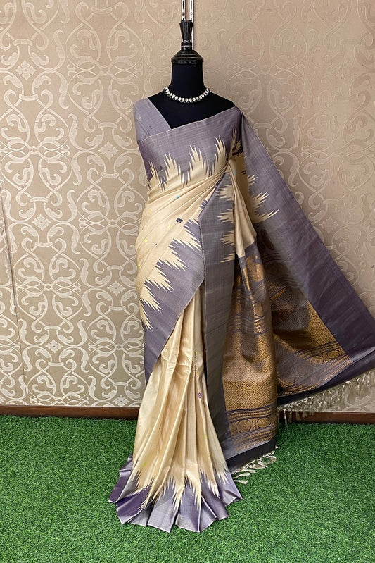 Beige Gadwal Silk Saree With Unstiched Contrast Blouse
