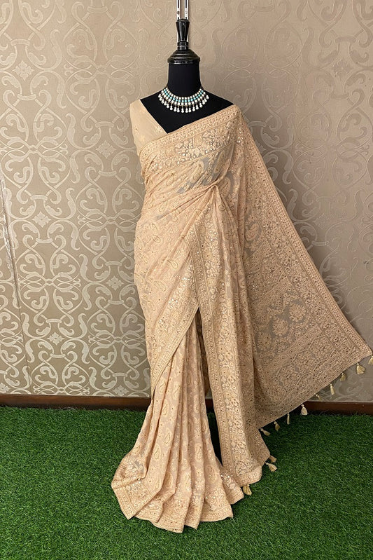 Beige Georgette Saree Chikankari With Gotapatti Work , Unstitched Blouse