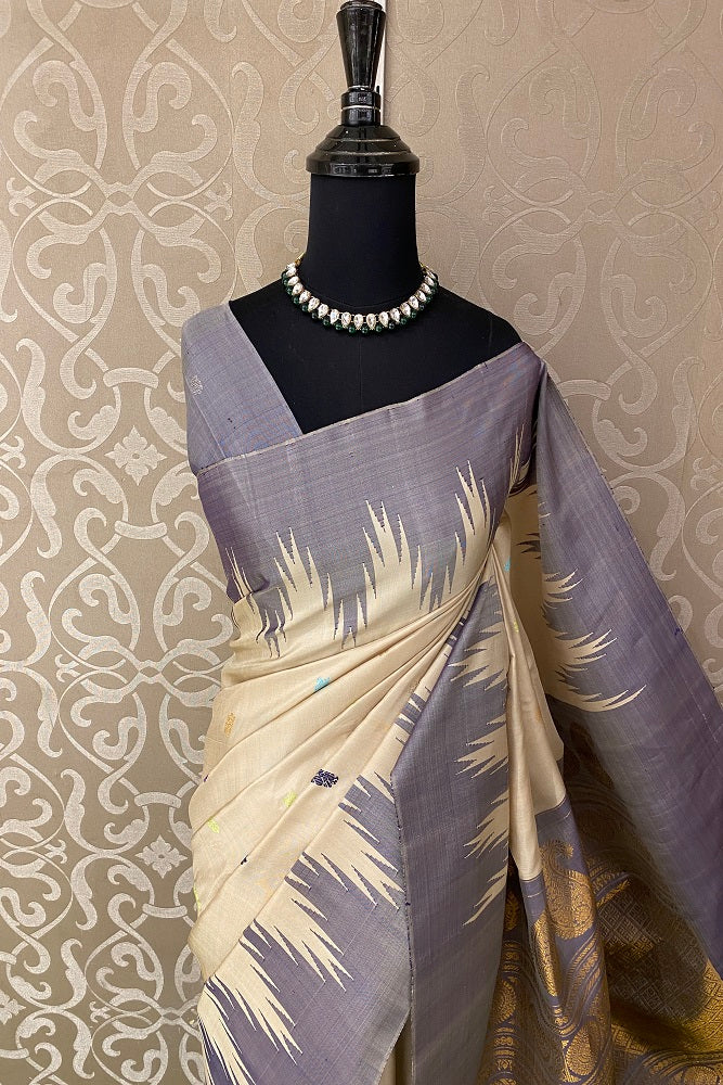 Beige Gadwal Silk Saree With Unstiched Contrast Blouse