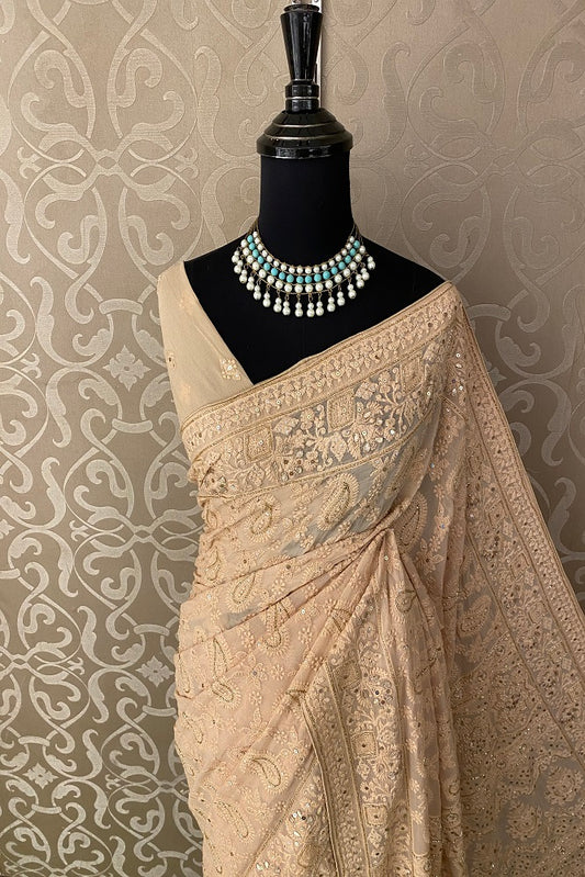 Beige Georgette Saree Chikankari With Gotapatti Work , Unstitched Blouse