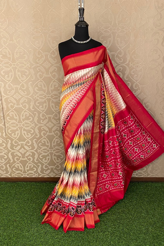 Red & Multi Pochampally Ikat Silk Saree, White Colour Weaving With Unstiched Blouse