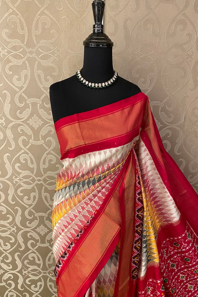 Red & Multi Pochampally Ikat Silk Saree, White Colour Weaving With Unstiched Blouse