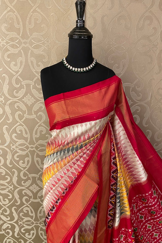 Red & Multi Pochampally Ikat Silk Saree, White Colour Weaving With Unstiched Blouse