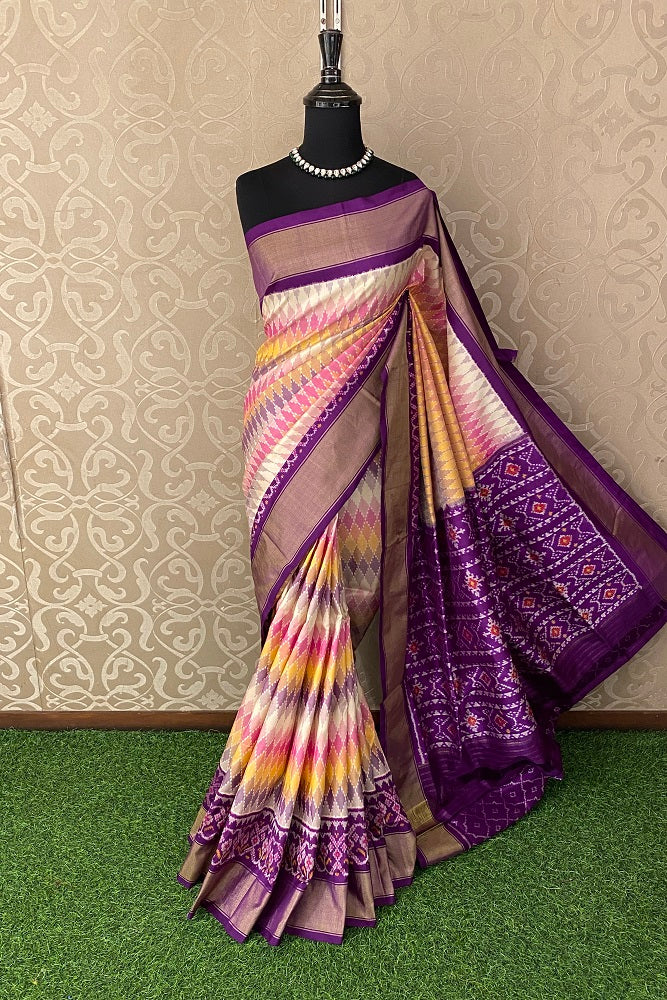 Purple & Multi Pochampally Ikat Silk Saree, White Colour Weaving With Unstiched Blouse