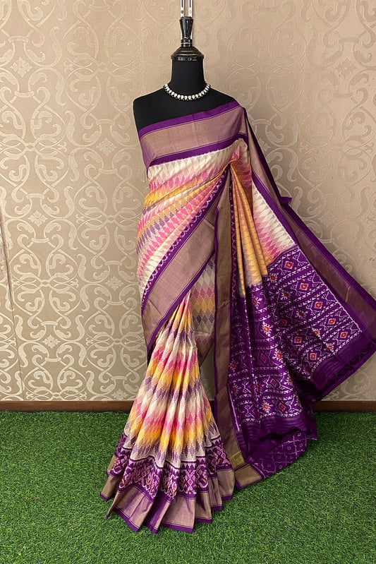 Purple & Multi Pochampally Ikat Silk Saree, White Colour Weaving With Unstiched Blouse