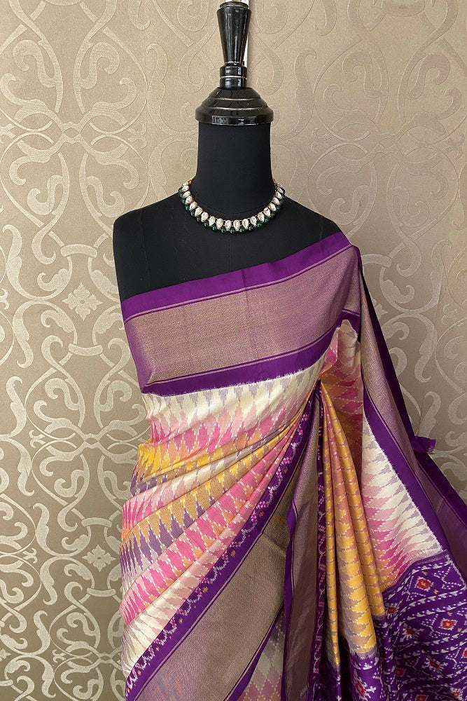 Purple & Multi Pochampally Ikat Silk Saree, White Colour Weaving With Unstiched Blouse