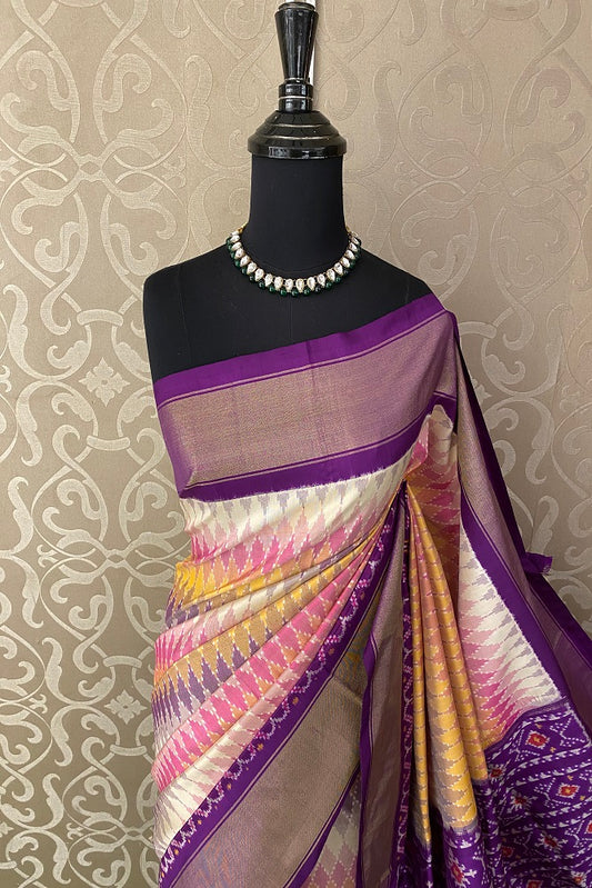 Purple & Multi Pochampally Ikat Silk Saree, White Colour Weaving With Unstiched Blouse