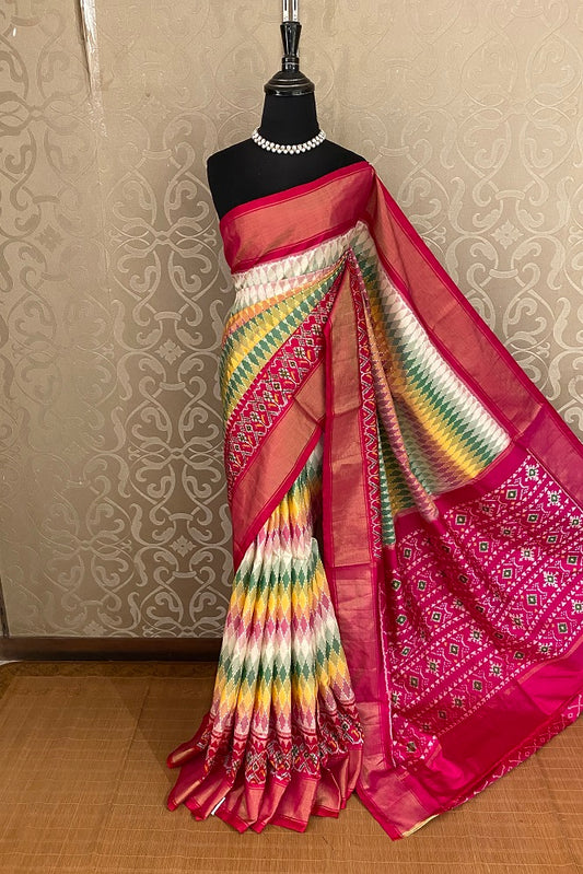 Rani & Multi Pochampally Ikat Silk Saree, White Colour Weaving With Unstiched Blouse