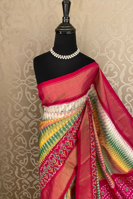 Rani & Multi Pochampally Ikat Silk Saree, White Colour Weaving With Unstiched Blouse