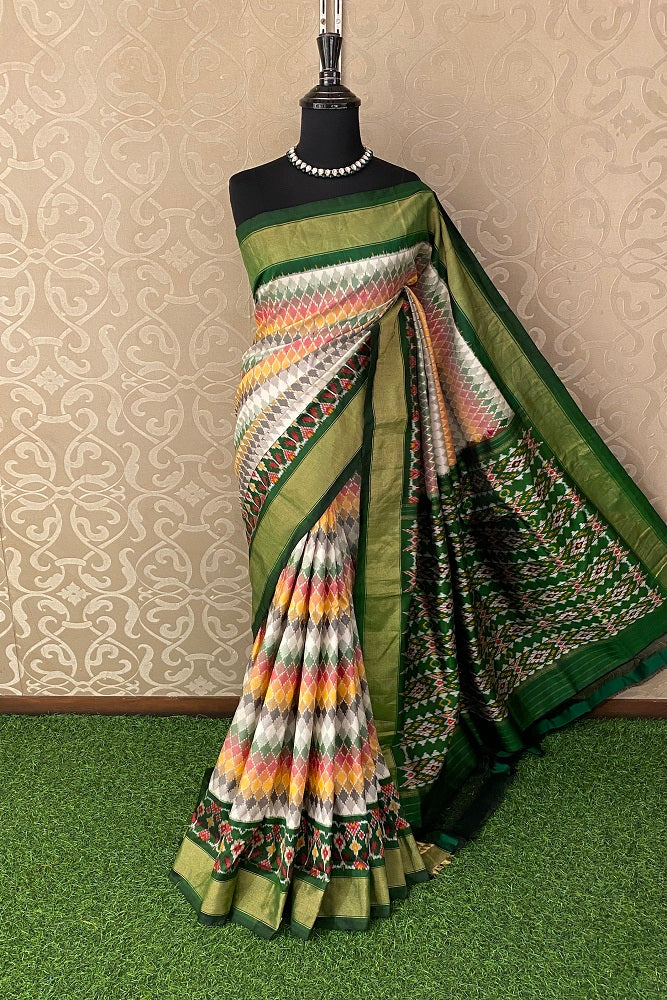 Green & Multi Pochampally Ikat Silk Saree, White Colour Weaving With Unstiched Blouse