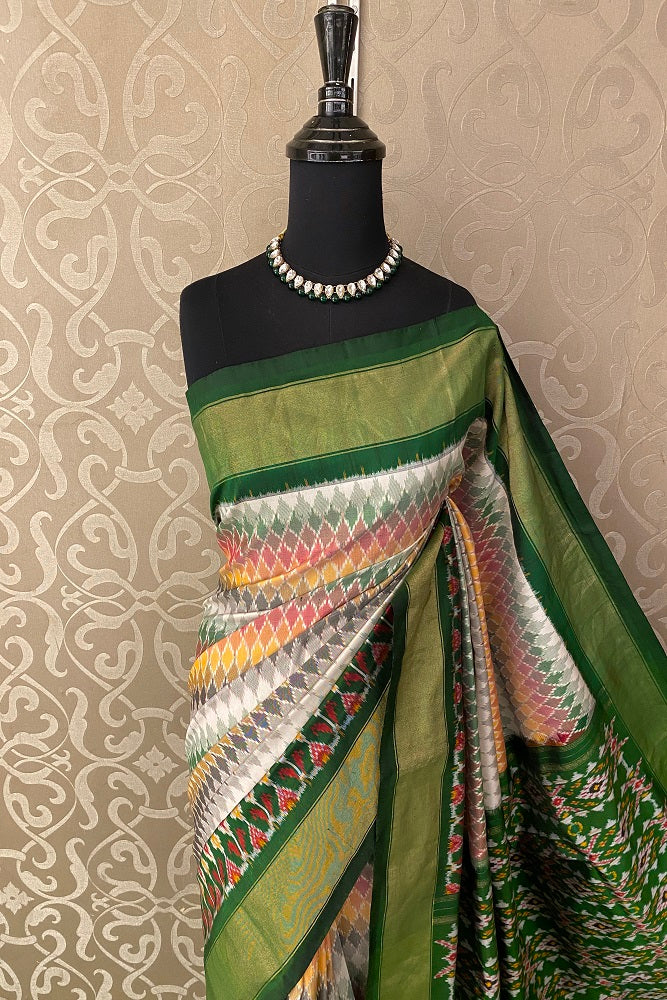 Green & Multi Pochampally Ikat Silk Saree, White Colour Weaving With Unstiched Blouse