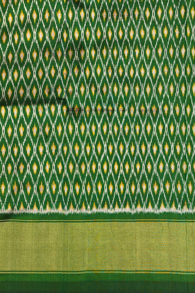 Green & Multi Pochampally Ikat Silk Saree, White Colour Weaving With Unstiched Blouse