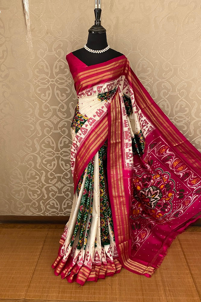 Magenta & Multi Pochampally Ikat Silk Saree, White Colour Weaving With Unstiched Blouse