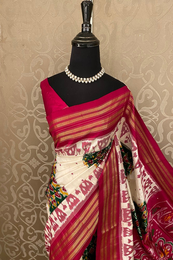 Magenta & Multi Pochampally Ikat Silk Saree, White Colour Weaving With Unstiched Blouse