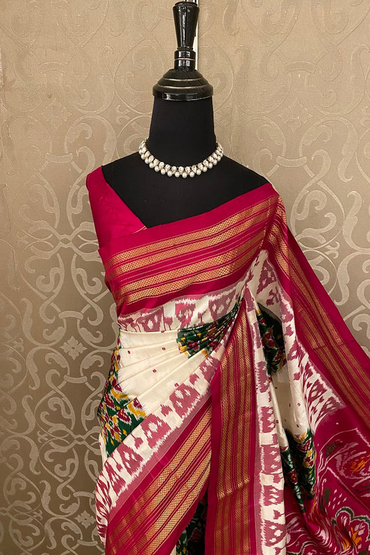Magenta & Multi Pochampally Ikat Silk Saree, White Colour Weaving With Unstiched Blouse