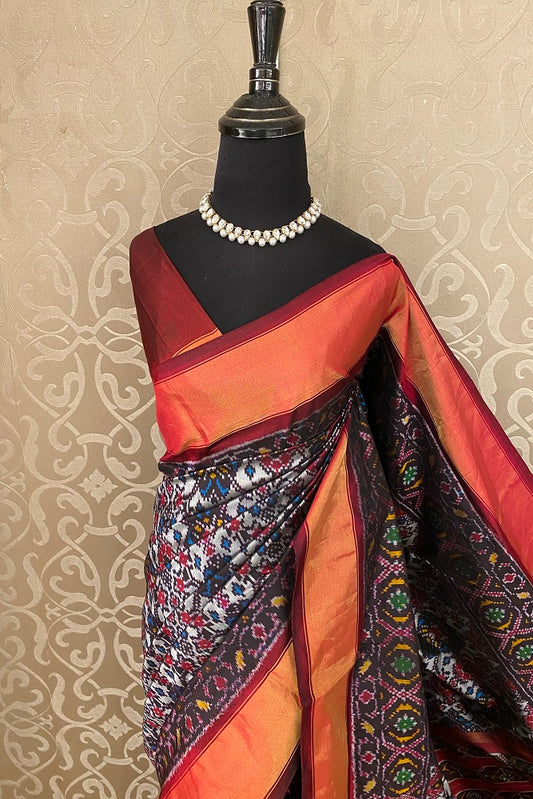 Brown & Multi Pochampally Ikat Silk Saree, White Colour Weaving With Unstiched Blouse