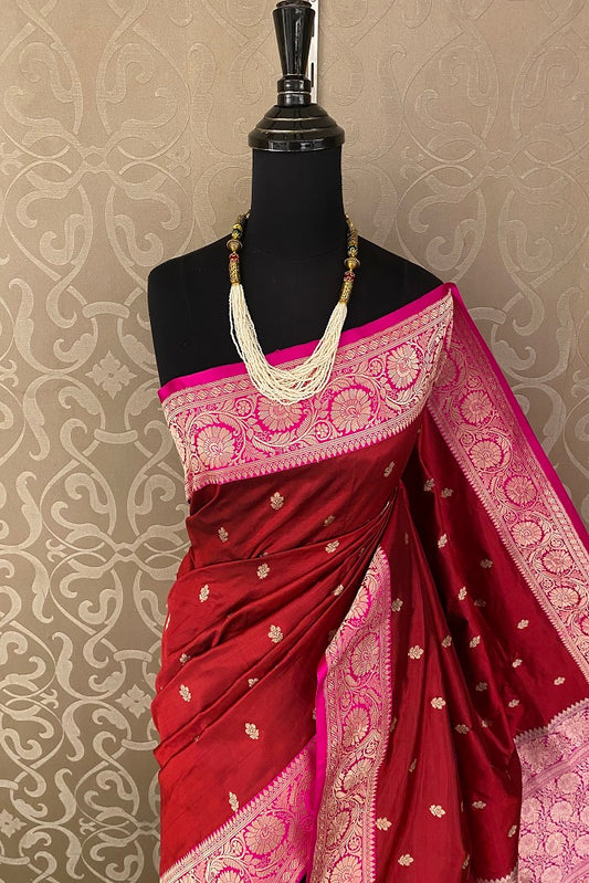 Red Katan Silk Banarasi Hand Weaving Saree With Blouse
