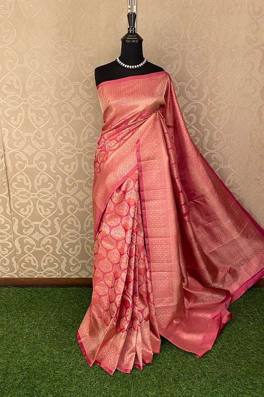 Golden Pink Pure Kanjeevaram Silk Saree, With Unstiched Blouse