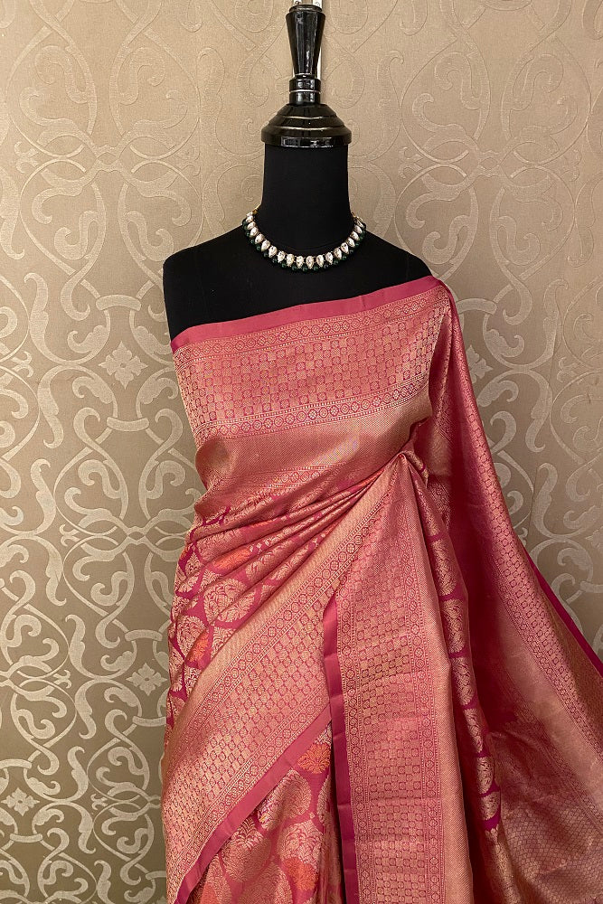 Golden Pink Pure Kanjeevaram Silk Saree, With Unstiched Blouse
