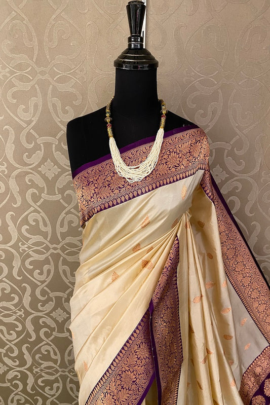 Offwhite Katan Silk Banarasi Hand Weaving Saree With Blouse
