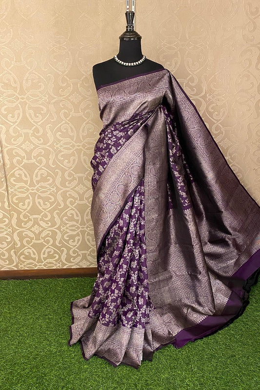 Golden Purple Pure Kanjeevaram Silk Saree, With Unstiched Blouse