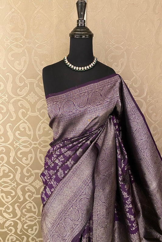 Golden Purple Pure Kanjeevaram Silk Saree, With Unstiched Blouse