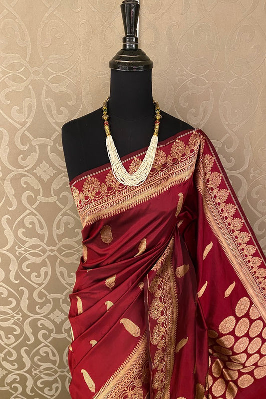 Maroon Katan Silk Banarasi Hand Weaving Saree With Blouse