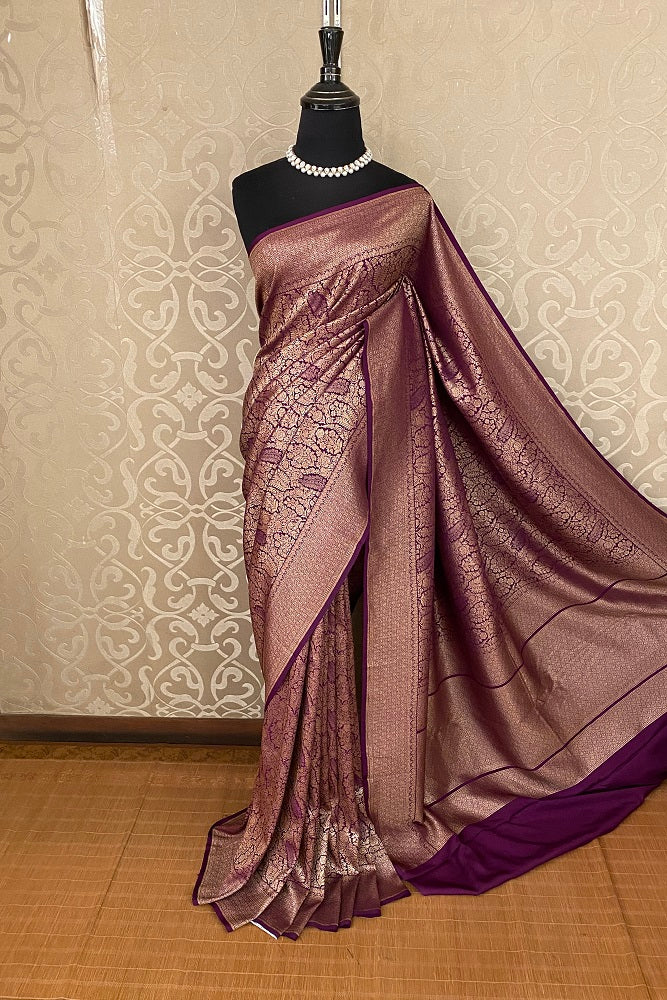 Wine Brocket Crepe Silk Party Wear Saree, With Unstitched Blouse