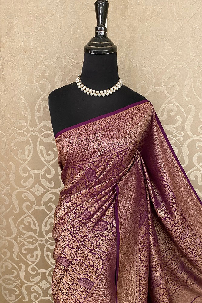 Wine Brocket Crepe Silk Party Wear Saree, With Unstitched Blouse