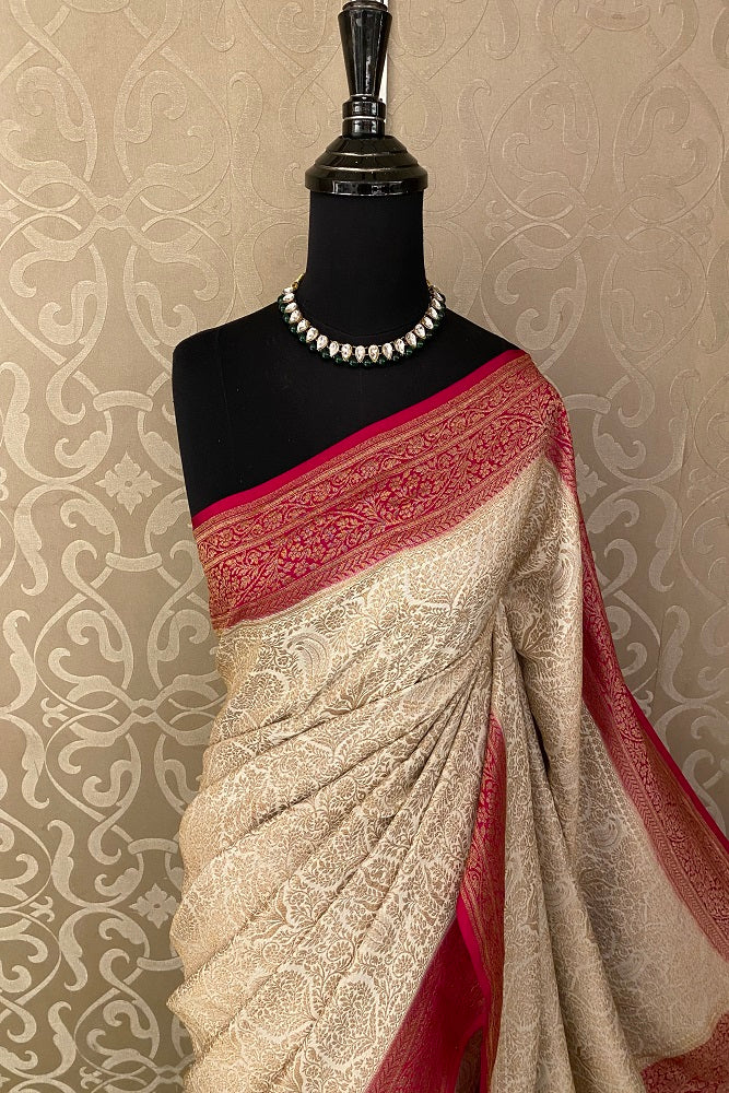 Offwhite Brocket Crepe Silk Party Wear Saree, With Unstitched Blouse