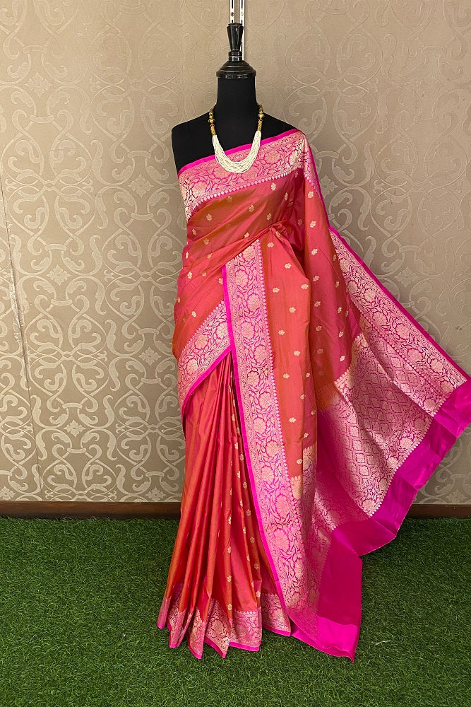 Orange pink Katan Silk Banarasi Hand Weaving Saree With Blouse