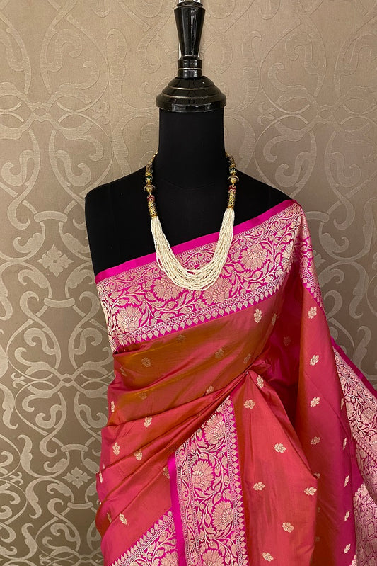Orange pink Katan Silk Banarasi Hand Weaving Saree With Blouse