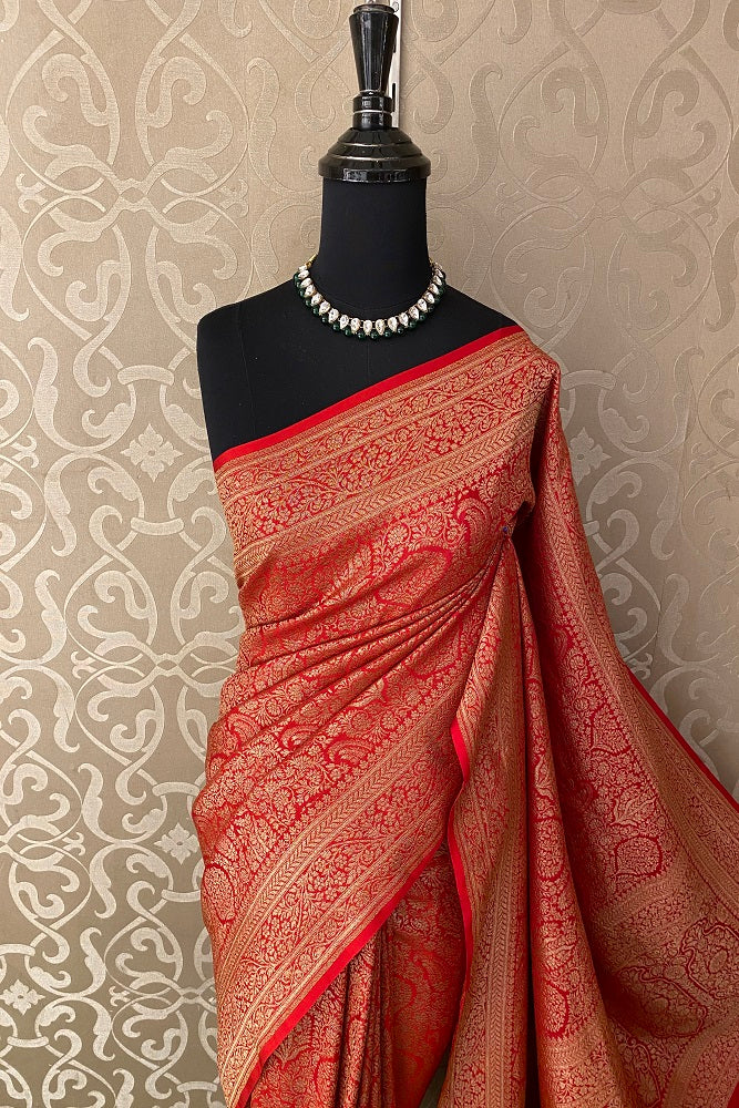 Red Brocket Crepe Silk Party Wear Saree, With Unstitched Blouse