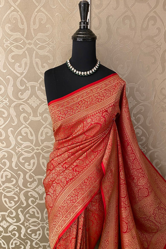 Red Brocket Crepe Silk Party Wear Saree, With Unstitched Blouse
