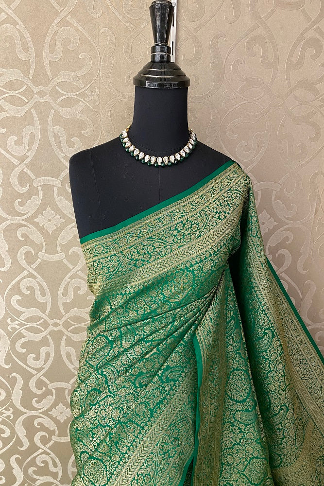 Deep Green Brocket Crepe Silk Party Wear Saree, With Unstitched Blouse