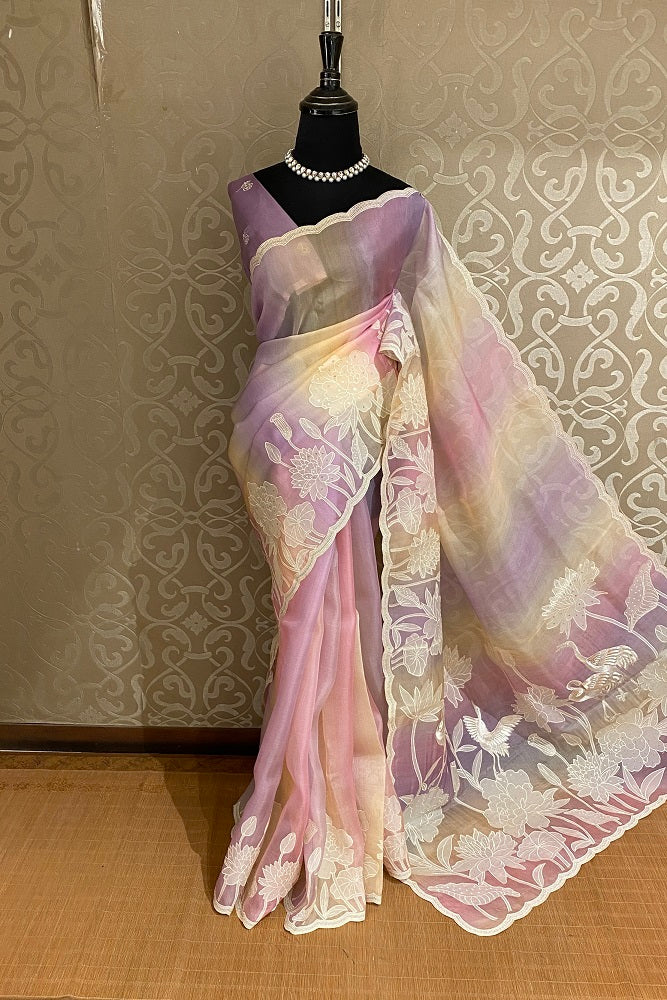 Multi Organza Silk Hand Embroidery Work Saree, With Unstiched Blouse