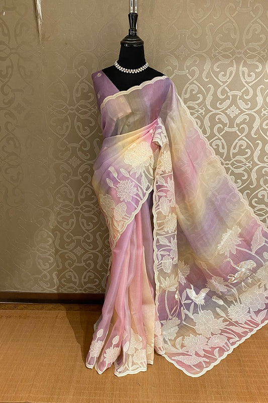 Multi Organza Silk Hand Embroidery Work Saree, With Unstiched Blouse