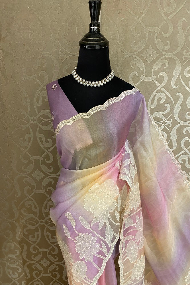Multi Organza Silk Hand Embroidery Work Saree, With Unstiched Blouse
